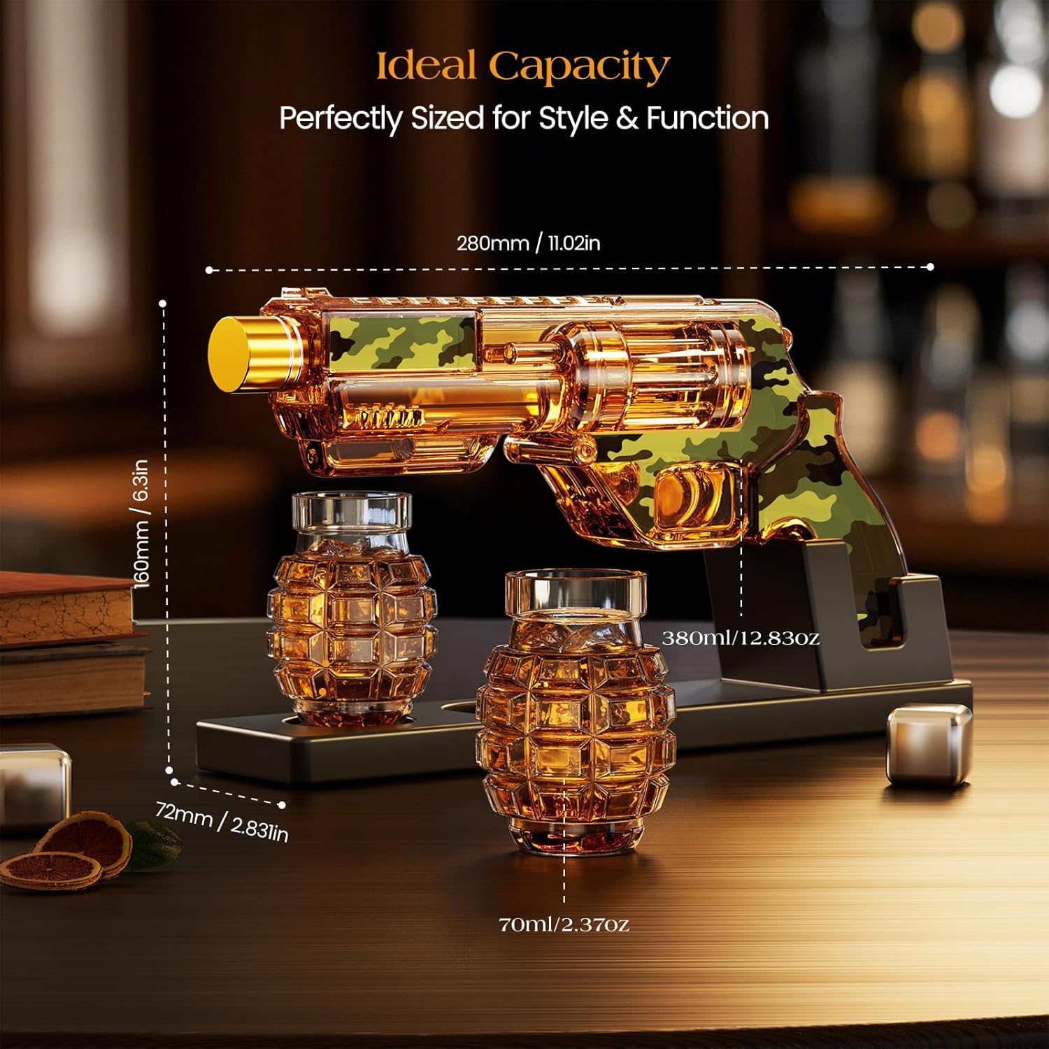 Kollea Camouflage Whiskey Decanter Sets with Grenade Shot Glasses